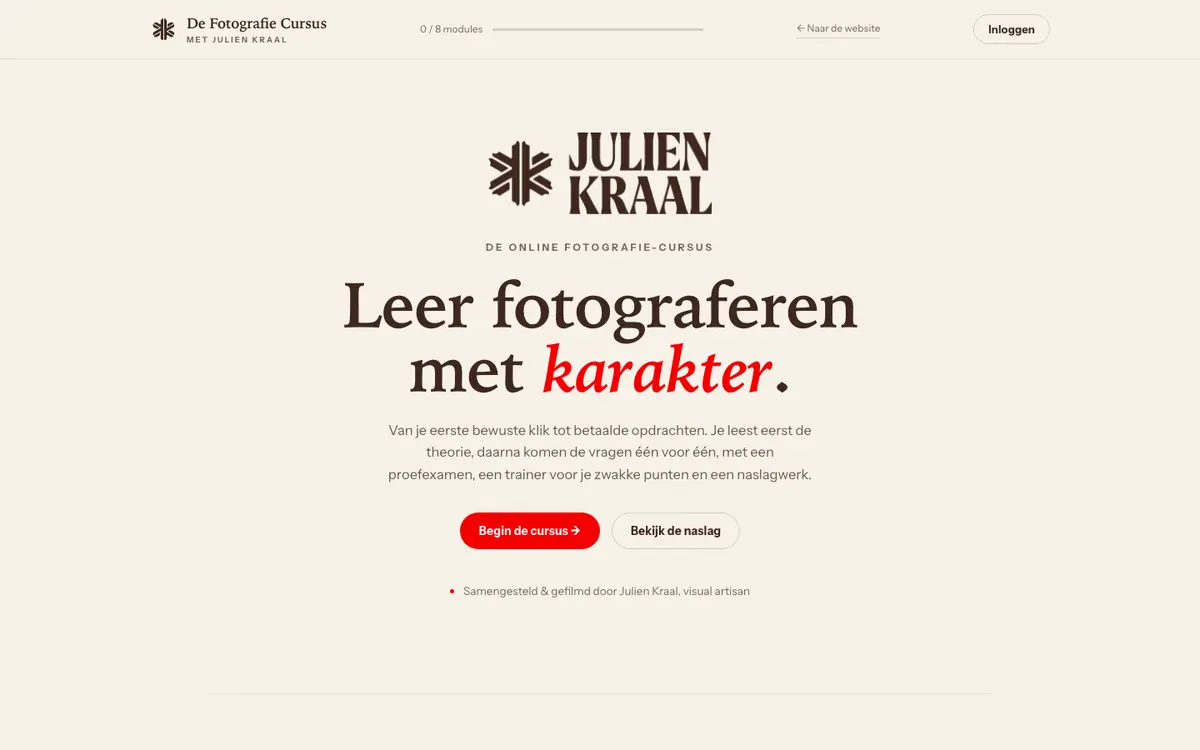 Schermafbeelding van Fotografiecursus Julien Kraal op desktop