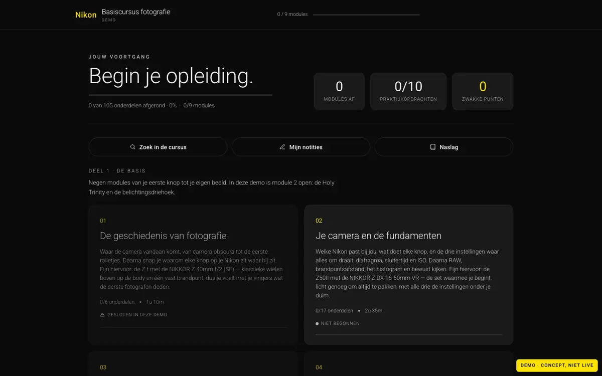 Schermafbeelding van de leeromgeving van de basiscursus fotografie in Nikon-stijl, een leersysteem