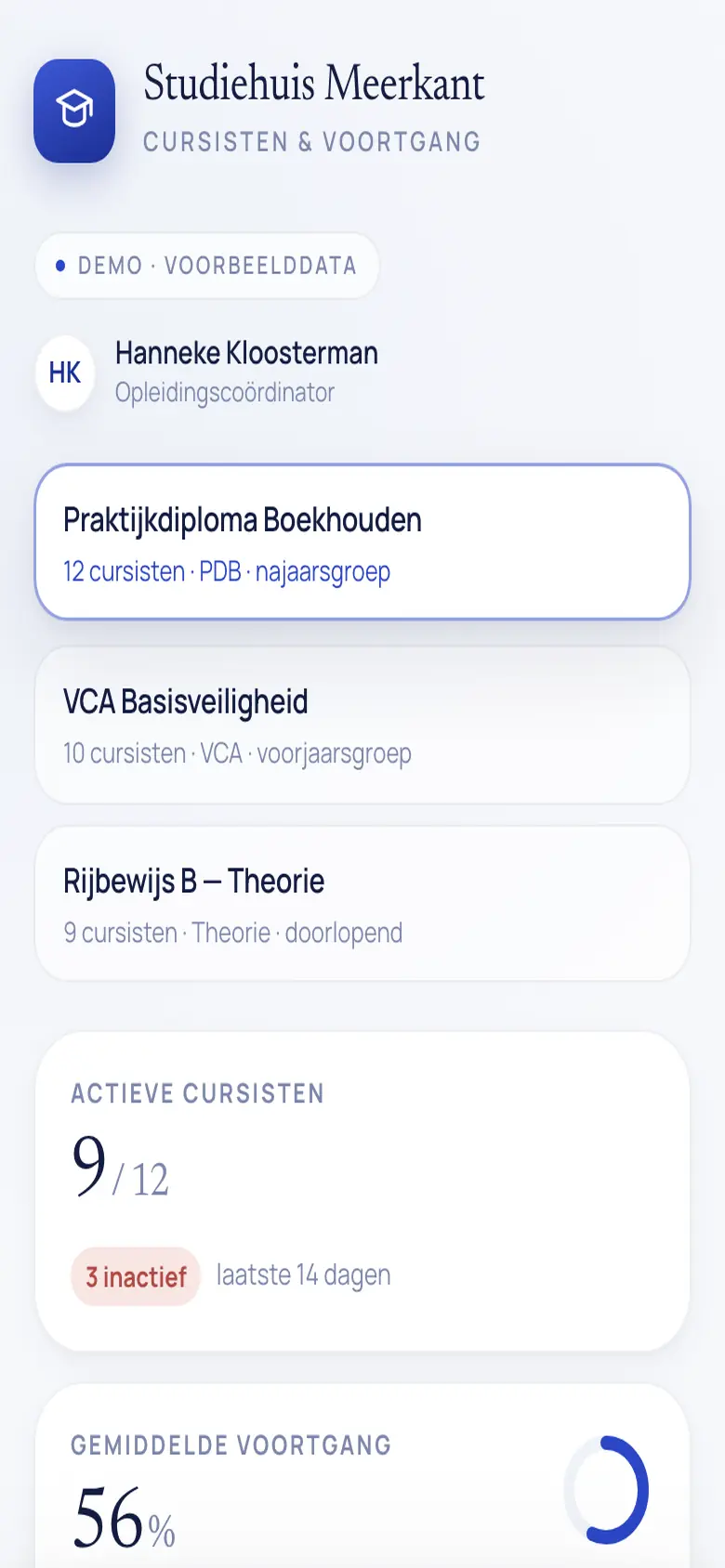 Schermafbeelding van Leerlingen en voortgang op mobiel