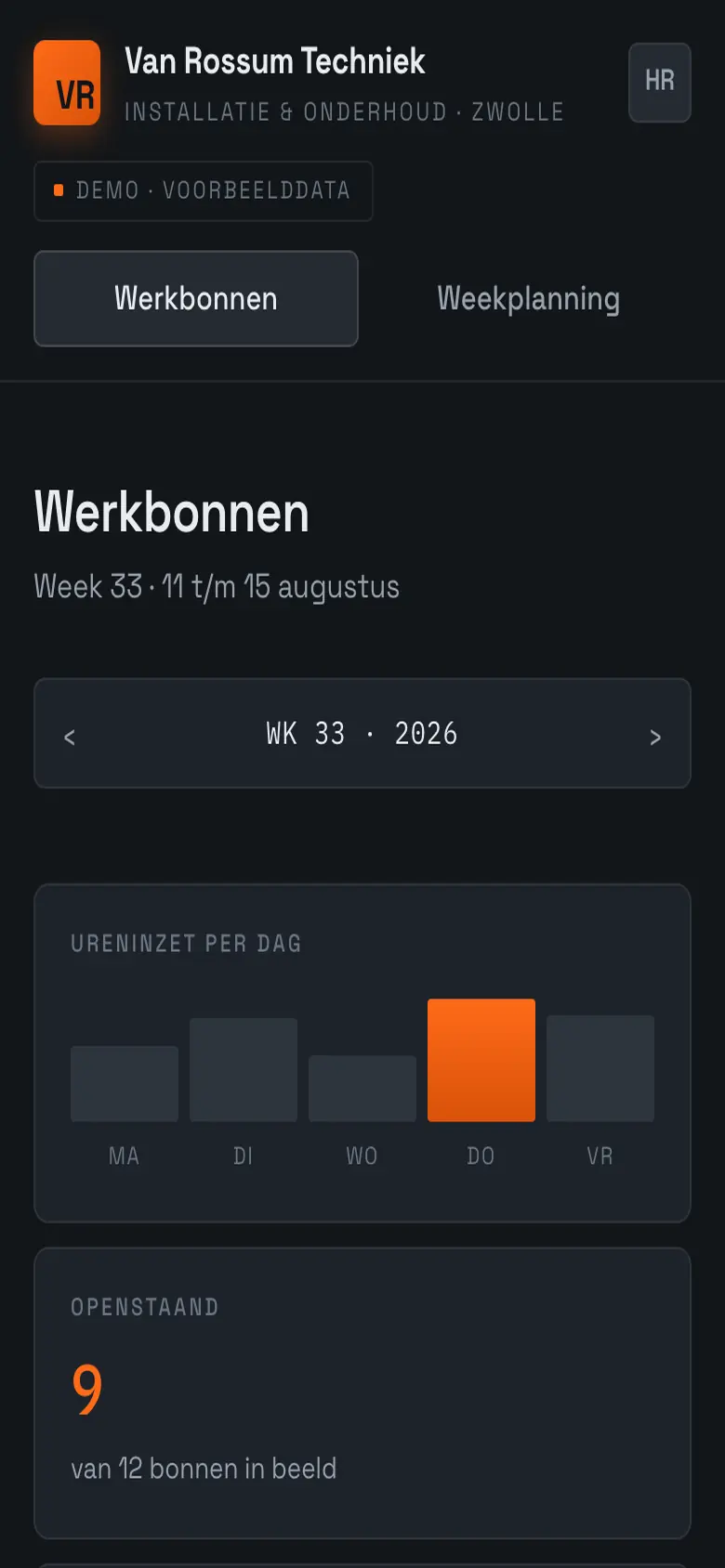 Schermafbeelding van Werkbonnen en planning op mobiel